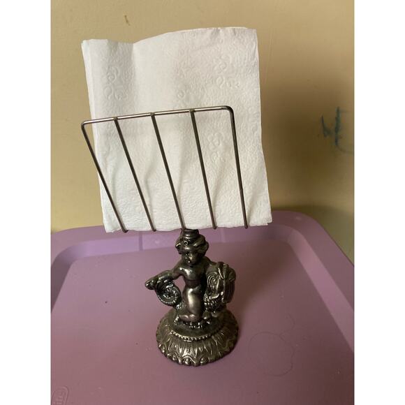 Antique Brass Like Metal Napkin Holder with Angel 9.5" Tall x 3" W - Picture 1 of 10